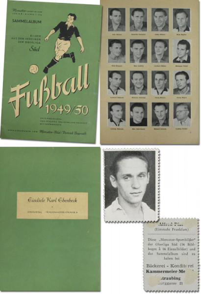 Fußball 1949/50. Bilder aus den Vereinen der Oberliga Süd. Mit gezackten Rändern!! Werbeaufdruck auf