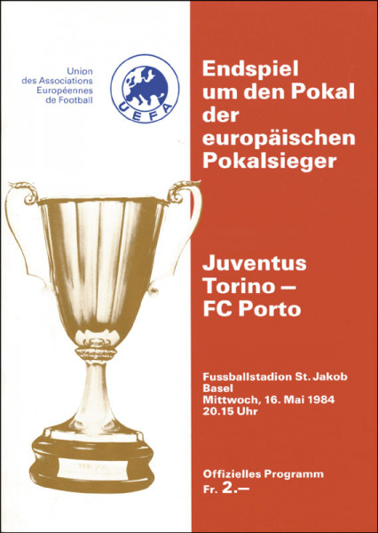 Endspiel Juventus Turin - FC Porto, Europapokal der Pokalsieger am 16.05.1984 in Basel. Offizielles