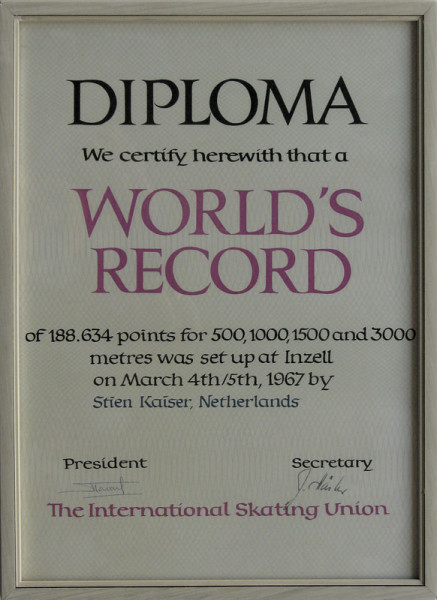 World Record Diploma 1967 Iceskating Netherlands
