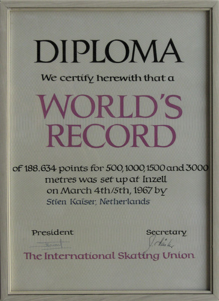 Weltrekord im Eisschnelllaufen 1967, Weltrekorddiploma 1967