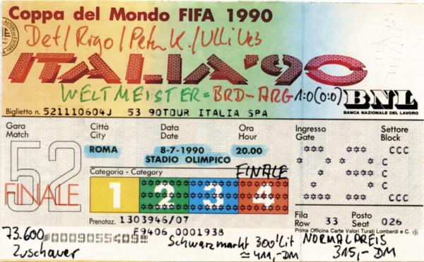 Ticket: World Cup 1990 Final Germany vs Argentina