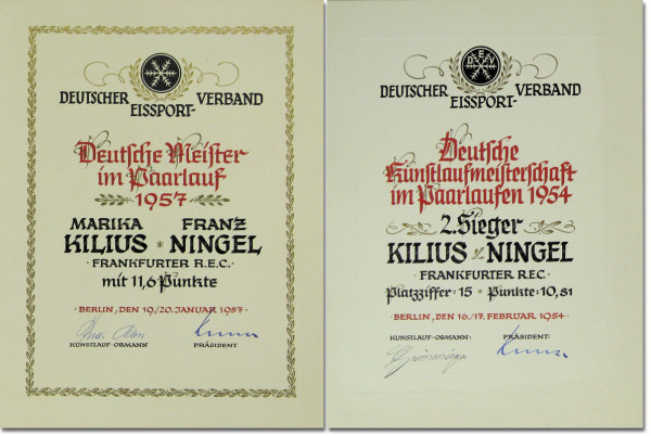 Original Siegerurkunde im Eiskunstlaufen von Kiliu, Siegerurkunde 1957