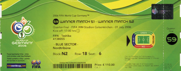 World Cup 2006. Ticket England v Portugal