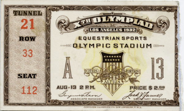 Ticket Olympic Games 1932. Equestrian Sports