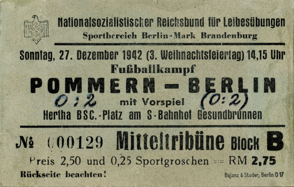 Football Ticket 1942. Pommern v Berlin