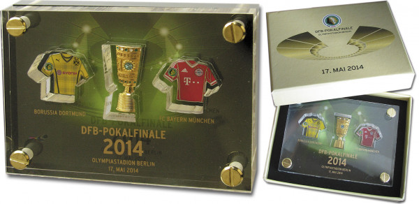 3 Offizielle pins 2014 in Rahmen + DFB-Karton, DFB-Pokal 2014