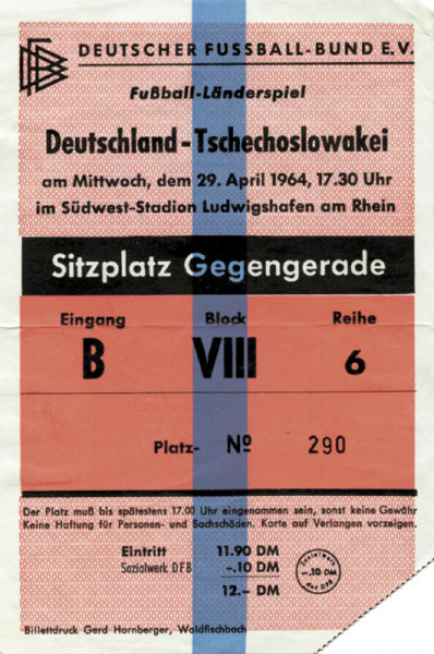 Fotball Ticket 1964 Germany v CSR