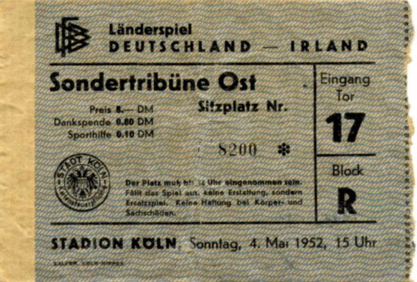 Football Ticket Germany vs Ireland 1952 Cologne