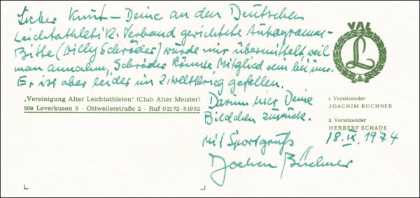 Büchner, Joachim: Autograph Olympic Games 1928 athletics. Germany