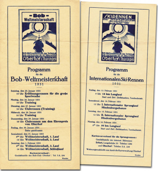 Zweiseitiges Programmblatt für die 8.FIS Nordischen Skiweltmeisterschaften 1931 und Bob-Weltmeisters