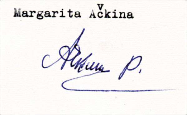Atschkina (Achkina), Rita: Blancobeleg mit Originalsignatur