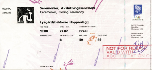Closing ceremony Lillehammer 1994, Eintrittskarte OSW1994
