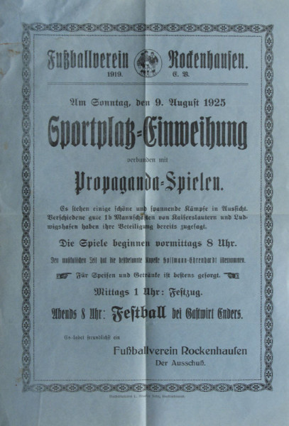 "Fußballverein Rockenhausen. 9.August 1925. Sportp, Rockenhausen,FV - Plakat 1925