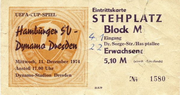 Ticket UEFA Cup 1974 Dresden v Hamburg
