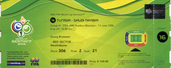 World Cup 2006. Ticket Tunisia - Saudi Arabia