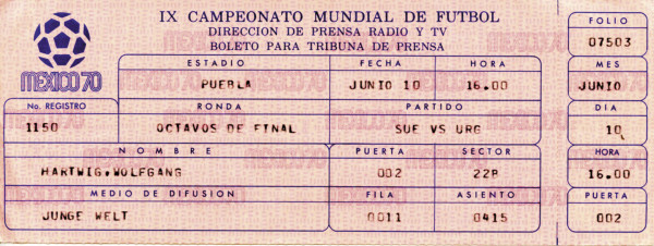 World Cup 1970. Match ticket Sweden vs Uruguay