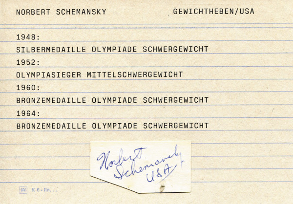 Schemansky, Norbert: Olympic Games 1952 Autograph Weightlifting USA