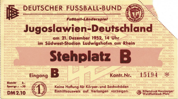 Deutschland - Jugoslawien 21.12.1952, Eintrittskarte LS1952
