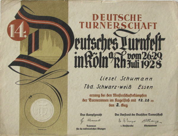 Siegerurkunde: Deutsches Turnfest in Köln 1928, Siegerurkunde 1928