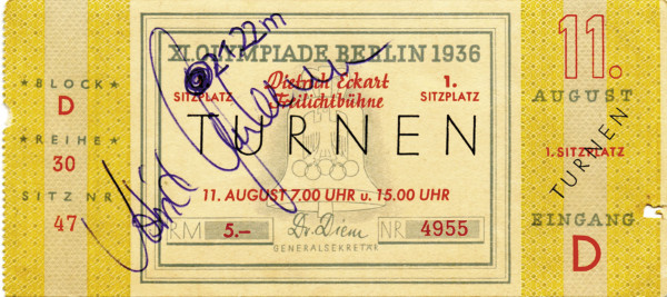 Olympic Games 1936. Ticket Berlin 1936 Gymnastics