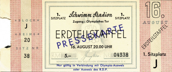 Olympic Games 1936. Ticket Berlin 1936 Swimming