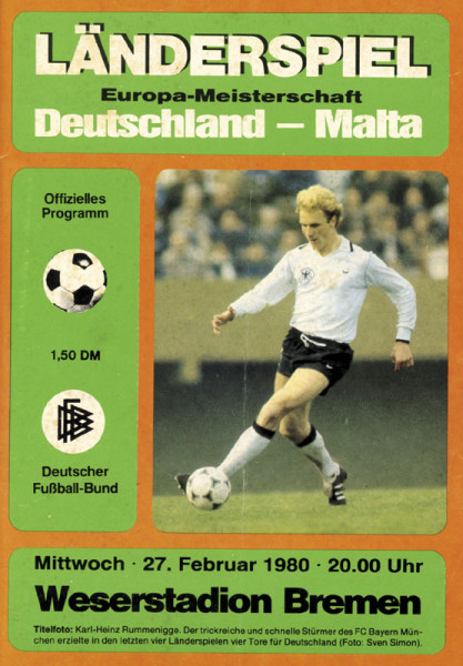 Deutschland - Malta. 27.02.1980, Bremen. Offizielles Länderspielprogramm.