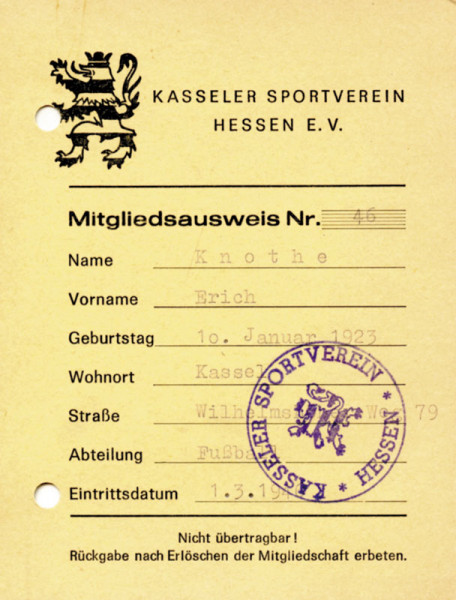 Mitgliedsausweis Nr. 46, Kassel, KSV Hessen - Ausweis