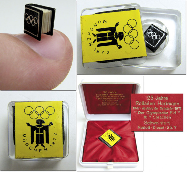 Das kleinste Olympiabuch der Welt, 0,5x0,6 cm!!! "Der Olympischer Eid" in 7 Sprachen in Acrylkapsel