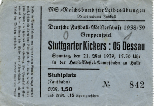 Stuttgarter Kickers - Dessau 05 21.05.1939, Eintrittskarte DM1939