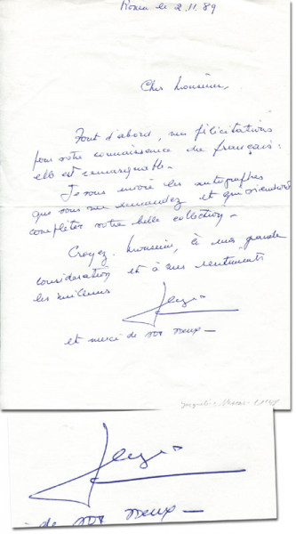 Mazeas, Jacqueline: Handschriftlicher Brief mit Originalsignatur