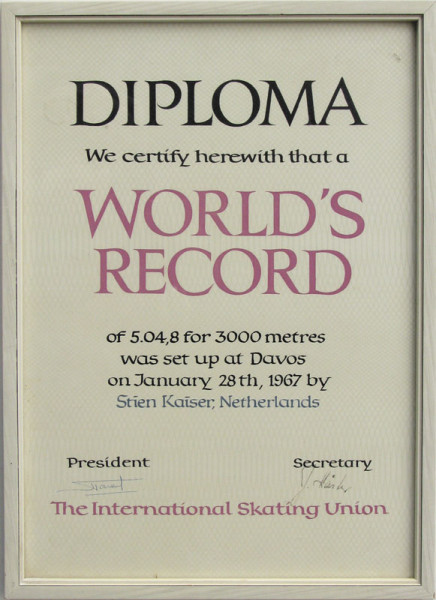 World Record Diploma 1967 Iceskating Netherlands