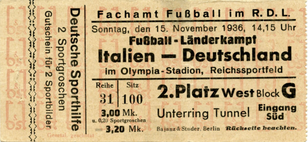 Football Ticket 1936 Germany vs. Italy