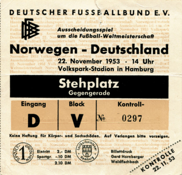 Football Ticket 1953 Norway vs Germany