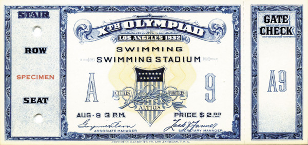 Ticket Olympic Games 1932. Swimming