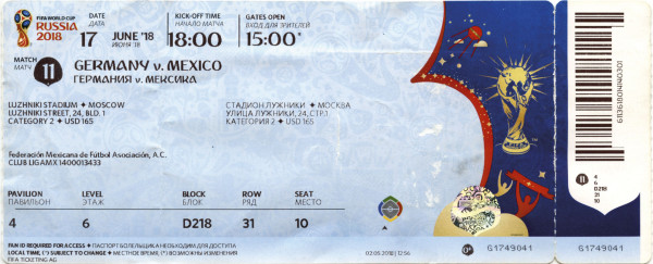 Deutschland v Mexico, 17.06.2018, Eintrittskarte WM2018