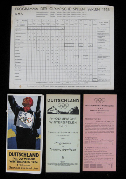 4 verschiedene offizielle Broschüren in holländischer Sprache für die Olympischen Spielen 1936 in De