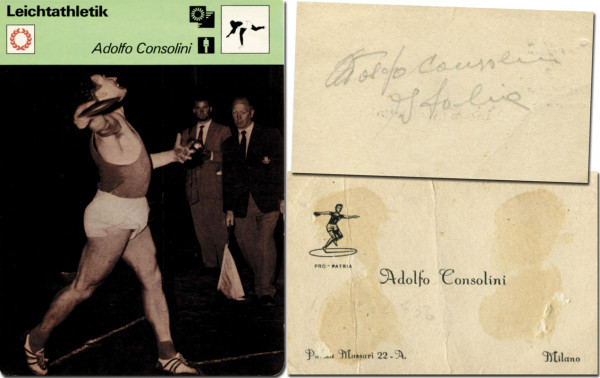 Consolini, Adolfo: Visitenkarte mit Originalsignatur, plus Foto