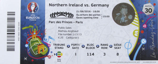 Deutschland - Nordirland 21.06.2016, Eintrittskarte EM2016