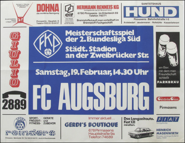 Spielankündigung : FK Pirmasens - FC Augsburg, Augsburg - Plakat 1977
