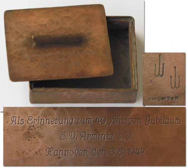 Zigarettentischdose aus Kupfer mit Gravur, Hannover,Arminia-Dose