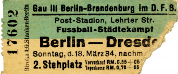 Fußball Städtekamp Berlin - Dresden 18.3.1934, Eintrittskarte 1934