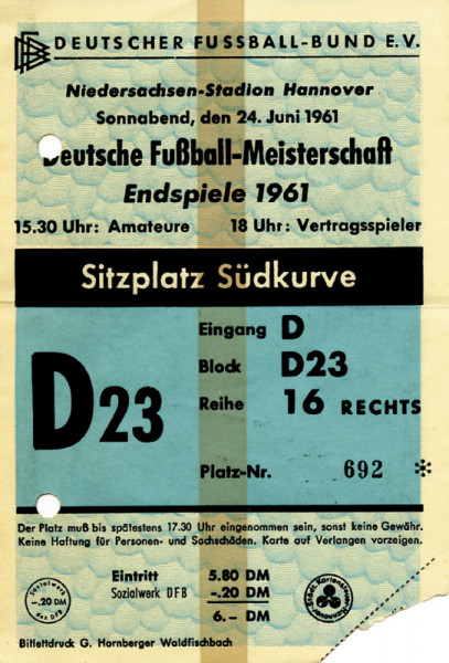 Nürnberg - Dortmund Endspiel 24.06.1961, Eintrittskarte DM1961