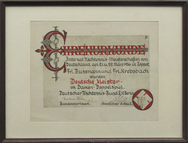 German Tabletennis Championships 1936 Diploma