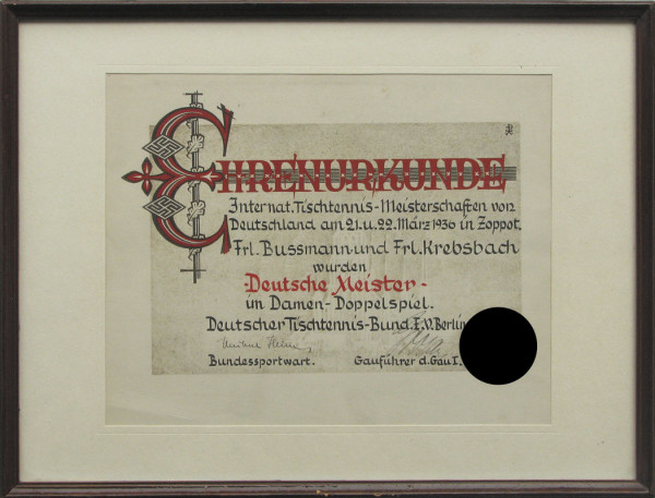 German Tabletennis Championships 1936 Diploma