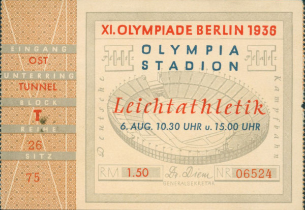 6. August, Leichtathletik, Olympia Stadion, Stehpl, Eintrittskarte OSS1936