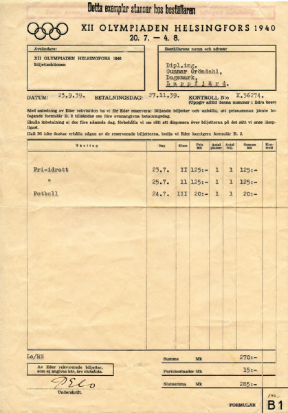Olympic Games Helsinki 1940. Official Ticket