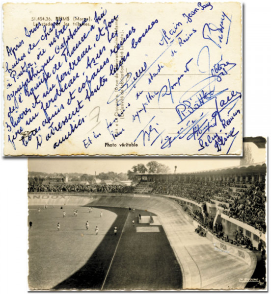 Reims,Stade - 1950: Gruß-Postkarte "Le Stade Reims" vom Spiel Reims -