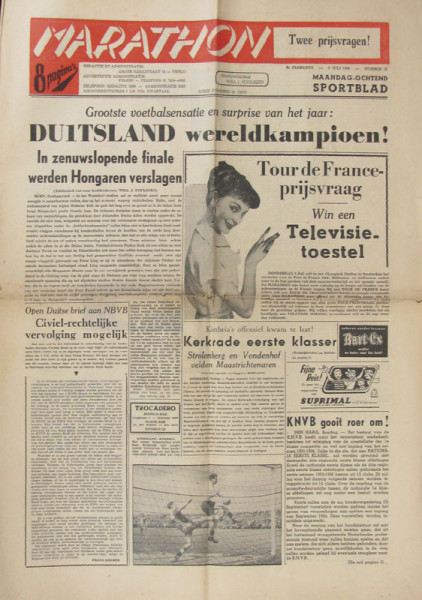 Schlagzeile "Duitsland Weredkampionen" 1954. Holländische Sportwochenzeitung "Marathon" vom 5.7.1954