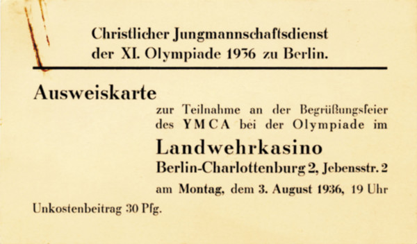 Olympic Games Berlin 1936 YMCA ID-Card