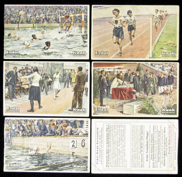 6 mehrfarbige Sammelbilder „Olympische Spiele in A, Sammelbilder-Erdal 1928